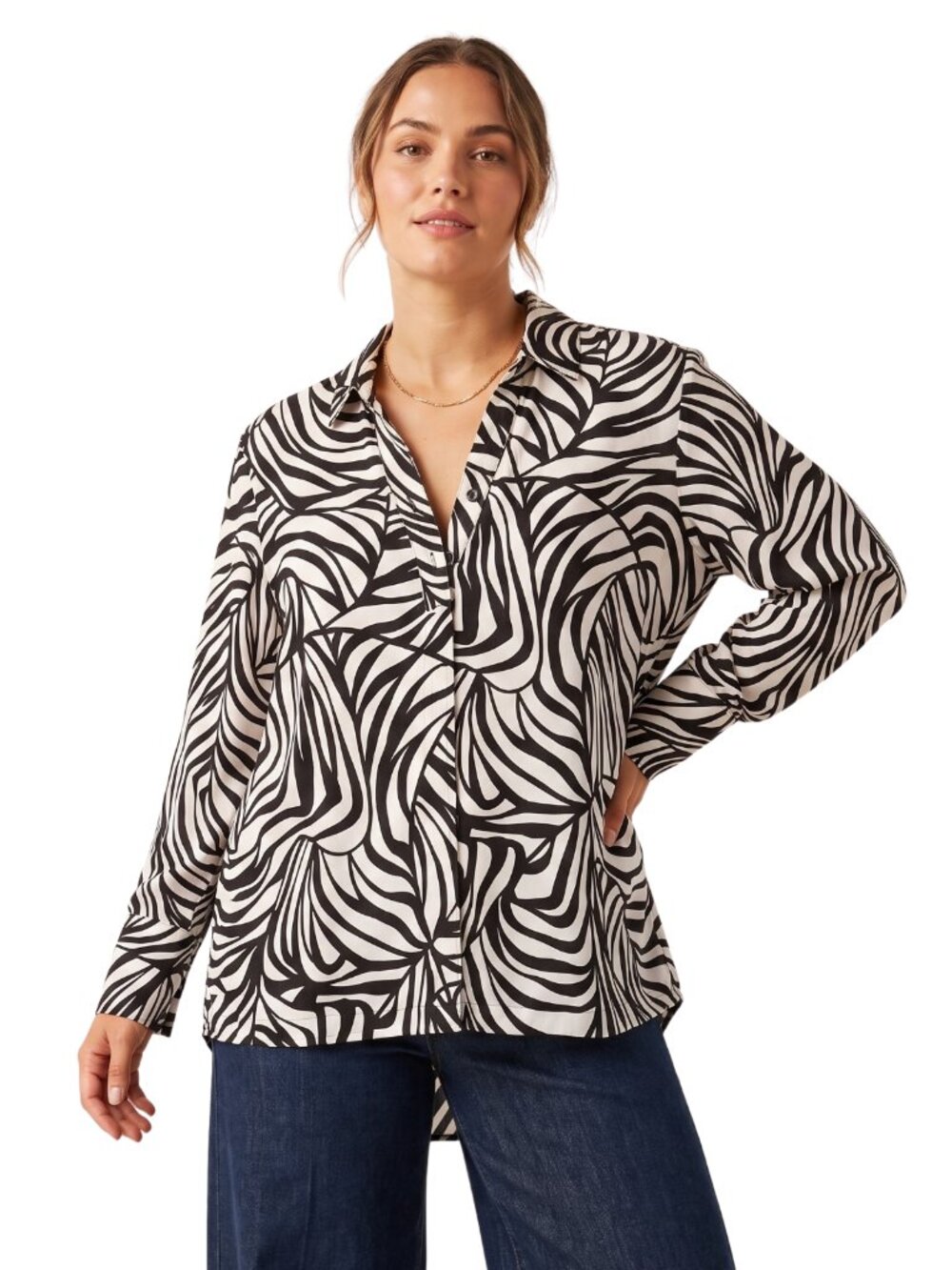 NWT | Tru Luxe Abstract Leaf Print Button-Up Blouse | High-Low Hem | Size Small